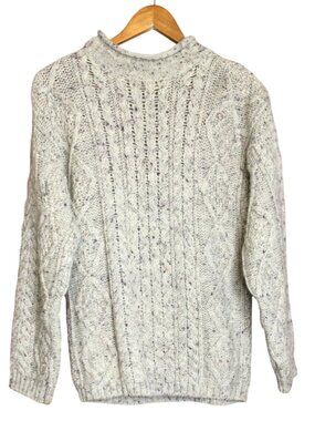 Thomas Keeling Chunky Cable Knit Wool Sweater S Fisherman Mock Neck England